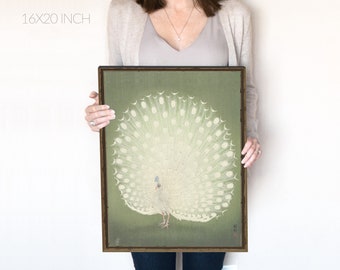 Peacock Wall Art, Vintage White Japanese Peacock, mid century modern art, emerald green and white print, peacock wall decor, Printable | 89