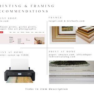 May include: A collage of images showing different options for printing and framing photos. The top left image shows the website mpix.com, which offers fine art and photographic prints. The top right image shows a variety of frames from target.com and michaels.com. The bottom left image shows a Canon XP 15000 printer, which can be used to print photos at home. The bottom right image shows different paper options from amazon.com, officedepot, and redrivercatalog.com.