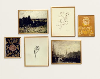 Set aus 6 Drucke | Galerie Wandkunst Set | Stimmungsvolles Ölgemälde | Botanisches Druck-Set | Landschaft | Gebrannte Orange Kunst | Vintage Printable