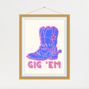 Retro Blue and Pink Gig &#39;Em Cowboy Boot Wall Art - Digital Download, Printable, Texas A&M, City, Wall decor, Cowgirl, Howdy, Aggies