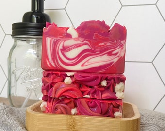 Rose Garden Soap Bar, vegan skincare for women, palm oil free beauty, rose decorated soap, red pink white floral skincare, true rose scent