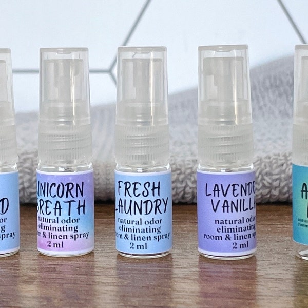 Choose Your Scent 2 ml Odor Eliminating Room Spray Sample, natural deodorizing linen refresher, travel size after toilet spray, fresh floral