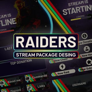 レイダーズ アニメーション配信オーバーレイパッケージ（Twitch/YouTube/Kick）。スクリーン、アラート、スティンガー、ウェブカメラ、パネル。OBS/Streamlabs（デジタルダウンロード）