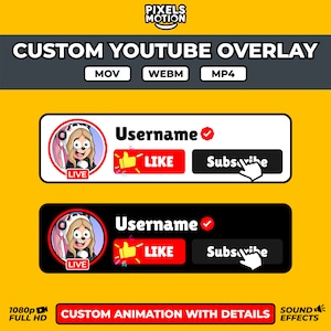 Puede incluir: Una plantilla de superposición de YouTube personalizable con un personaje de panda de dibujos animados, que incluye un nombre de usuario, un botón de me gusta y un botón de suscribirse. La superposición está disponible en los formatos MOV, WEBM y MP4. El texto "1080p FULL HD" y "ANIMACIÓN PERSONALIZADA CON DETALLES" también es visible.