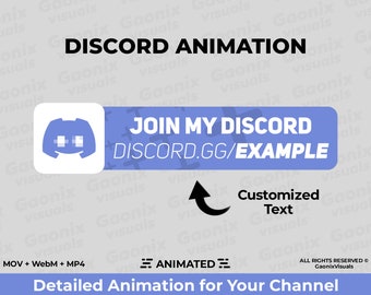 May include: Animated Discord server banner with a blue Discord logo, the text "JOIN MY DISCORD DISCORD.GG/EXAMPLE", and an arrow pointing upwards with the text "Customized Text".
