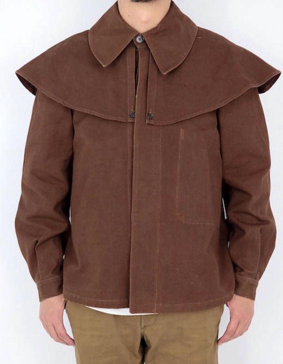 Vintage French Canvas Brown Duck Hunting Jacket, Caped Vintage French Canvas Brown Duck Hunting Jacket, Caped