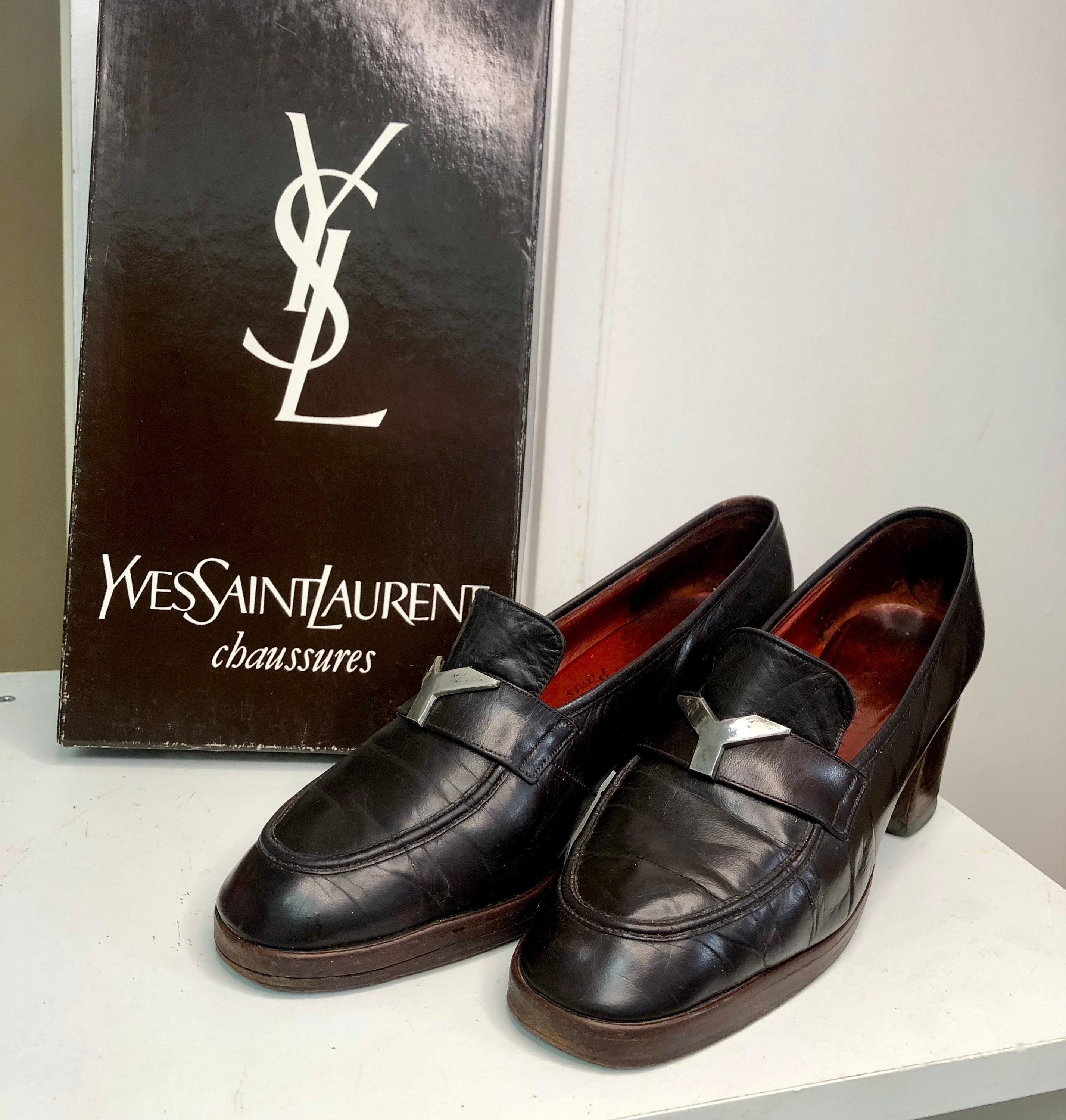 Yves Saint Laurent Vintage Square Heel Moccasin Shoes in Dark