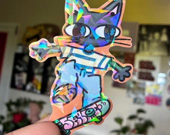 Skating Cat Holographic Sticker