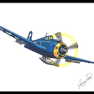 Grumman F6F Hellcat (jaktplan från andra världskriget) | Originalfärgmarkörtryck | Flyg | Barnrum | Man Cave | Väggkonst | Dekor