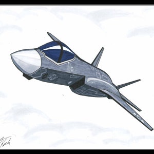 Lockheed Martin F-35 Lightning II (Contemporary Fighter) | Original Color Marker Prints | Aviation | Kid&#39;s Room | Man Cave | Wall Art Decor