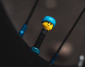 Brick Caps: Tyre Valve Dust Caps made from LEGO® Heads || female biker character || for bike, car, scooter, wheelchair, bicycle, motorbike