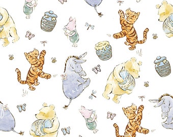 May include: A seamless repeating pattern featuring Winnie the Pooh and his friends. The pattern includes Winnie the Pooh, Piglet, Eeyore, Tigger, and a honey pot. The background is white with butterflies and dragonflies.
