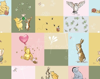 May include: A seamless repeating pattern featuring Winnie the Pooh and his friends. The pattern includes images of Winnie the Pooh, Piglet, Tigger, Eeyore, Rabbit, Owl, and Kanga and Roo. The pattern is set against a background of pastel colours and features various elements such as bees, leaves, and stars.