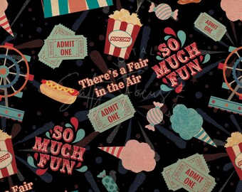 Könnte beinhalten: Ein nahtloses sich wiederholendes Muster mit einem Karnevals-Thema auf schwarzem Hintergrund. Das Muster enthält ein Riesenrad, Popcorn, Zuckerwatte, Hotdogs, Tickets und den Text "There's a Fair in the Air So Much Fun".