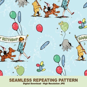 Klassiek naadloos herhalingspatroon Winnie de Poeh, verjaardagsbanner Pooh, vintage, naadloos bestand, om te bedrukken op stof