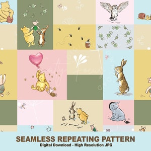Klassiek naadloos Winnie-de-Pooh-patroon, Poeh en vrienden, poeh en big, quilt, vintage, naadloos bestand, stof, herhalend bestand