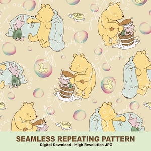 Bathtime Klassiek Winnie-de-Pooh naadloos patroon, Poeh en Knorretje, klassieke Poeh, Poeh Beer, herhalend patroon, digitaal papier, stoffenontwerp