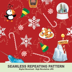 May include: A red background with a repeating pattern of Christmas-themed illustrations. The illustrations include a snowflake, a candy cane, a penguin, a narwhal, a bottle of maple syrup, a snow globe, a plate of spaghetti with marshmallows, a Christmas elf hat, and a North Pole sign.