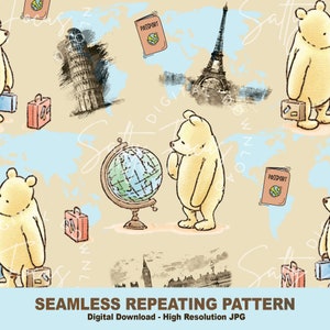 Klassiek naadloos Winnie-de-Pooh-patroon, klassiek Pooh-reizen, Pooh-beer, digitaal papier, stoffenpatroon, herhalend patroon. stofontwerp