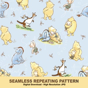 Klassiek Winnie-de-Pooh met naadloos Kanga & Roo-patroon, geen tijger, herhalend patroon, digitaal papier, stoffenontwerp, patroonpapier