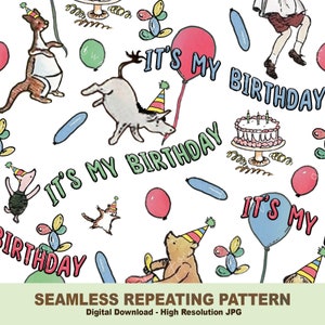 Verjaardagsklassieker Winnie de Poeh, it's my birthday herhalend naadloos patroon, pooh, vintage pooh, om te bedrukken op stof, digitaal papier