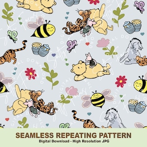 Spring Classic Winnie-de-Pooh naadloos patroon, big, bij, herhalend patroon, stoffenpatroon, patroonpapier, digitaal papier