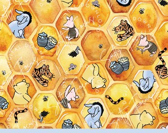 May include: A seamless repeating pattern featuring Winnie the Pooh and his friends in a honeycomb design. The characters are depicted in a watercolour style with a yellow and brown background.