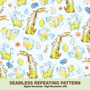 May include: A seamless repeating pattern featuring watercolour illustrations of bunnies and flowers on a light blue background. The bunnies are yellow and brown with long ears and are depicted in various poses. The flowers are pink, yellow, and blue.