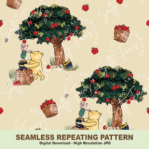 May include: A seamless repeating pattern featuring Winnie the Pooh and Piglet gathering honey and apples from a tree. The background is a light beige colour with red apples scattered throughout. The pattern is perfect for fabric, wallpaper, or other creative projects.