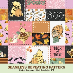 Può includere: Un motivo ripetuto senza cuciture con illustrazioni a tema Halloween dei personaggi di Winnie the Pooh. Il design include zucche, pipistrelli, caramelle e le scritte "SPOOKY" e "TRICK OR TREAT". Download digitale ad alta risoluzione.