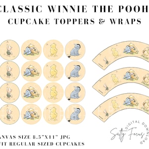 May include: Printable Winnie the Pooh cupcake toppers and wrappers. The toppers feature Winnie the Pooh and Piglet in various poses. The wrappers feature Winnie the Pooh, Piglet, and Tigger. The toppers and wrappers are designed for 8.5" x 11" paper and will fit regular sized cupcakes.