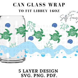 Turtles and waves Libbey 16oz glass wrap, sublimation design, png design, beer can glass, glass cup svg, tumbler wrap, digital download