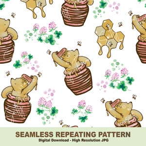 Klassiek Winnie de Poeh naadloos herhalend patroon, bloemen, klaver, honing, vintage, naadloos bestand, om te bedrukken op stof, digitaal papier