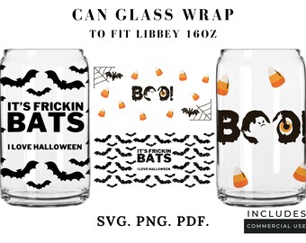 Puede incluir: Dos diseños para una envoltura de vidrio de lata de 473 ml. Un diseño presenta murciélagos y el texto "It's Frickin Bats I Love Halloween". El otro diseño presenta la palabra "BOO!" con un fantasma y un ojo. Ambos diseños incluyen un patrón de murciélagos o maíz dulce.