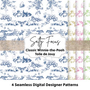 Klassiek naadloos Winnie-de-Pooh-patroon, Pooh-beer, Toile de Jouy, kinderkamer, herhalend patroon, stoffenpatroon, patroonpapier, digitaal papier