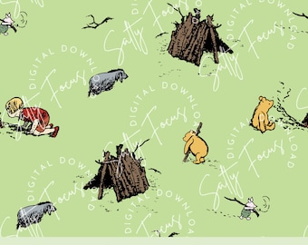 May include: A seamless repeating pattern featuring Winnie the Pooh characters on a light green background. The pattern includes Winnie the Pooh, Piglet, and a small house made of sticks.