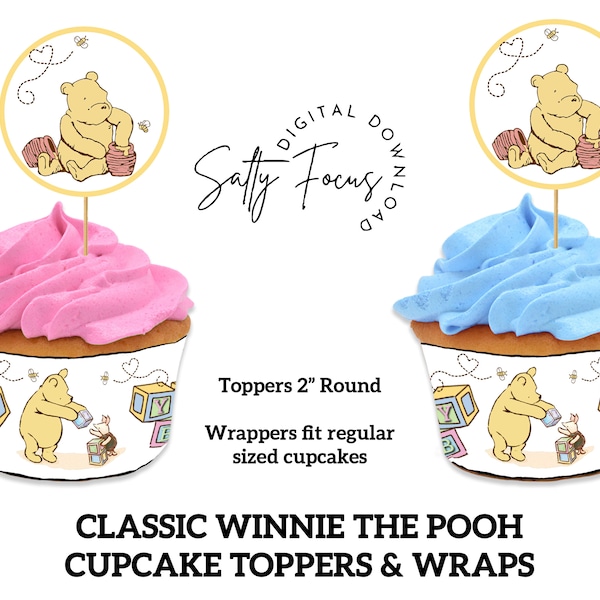 Classic Winnie the Pooh baby shower, decorations, pooh birthday, printables Cupcake toppers, Cupcake Wrappers