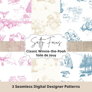 Klassiek naadloos Winnie-de-Pooh-patroon, Pooh-beer, Toile de Jouy, kinderkamer, herhalend patroon, stoffenpatroon, patroonpapier, digitaal papier