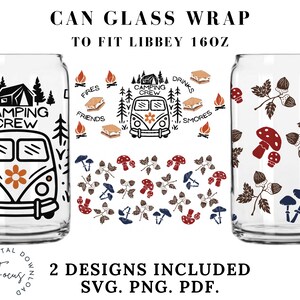 Camping Crew 16oz Libbey glass wrap, Sublimation design, png, Camping, s&#39;mores, Beer can glass, tumbler wrap, digital download