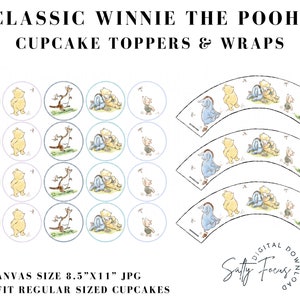 May include: Printable Winnie the Pooh cupcake toppers and wrappers. The toppers feature Winnie the Pooh, Piglet, Eeyore, and Tigger. The wrappers feature Winnie the Pooh, Piglet, and Tigger. The design is in a watercolour style with a light blue, yellow, and brown colour scheme. The text "CLASSIC WINNIE THE POOH CUPCAKE TOPPERS & WRAPS" is at the top of the image. The text "CANVAS SIZE 8.5"X11" JPG WILL FIT REGULAR SIZED CUPCAKES" is at the bottom of the image.