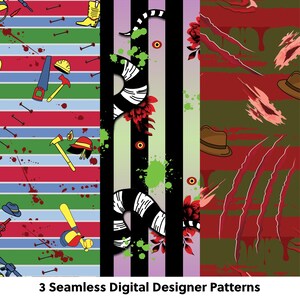 Könnte beinhalten: Drei nahtlose digitale Designermuster. Eines zeigt Werkzeuge und Blutspritzer auf gestreiftem Hintergrund. Ein anderes hat eine schwarz-weiß gestreifte Schlange mit roten Blumen. Das dritte hat Krallen und einen Hut.
