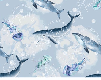 以下が含まれることがあります： 薄い青色の背景に、水彩画で描かれた青いクジラとクラゲのシームレスな繰り返しパターン。生地、壁紙、その他のクリエイティブなプロジェクトに最適です。