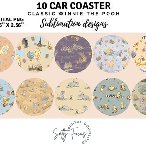 Classic Winnie-the-Pooh Car Coasters, Sublimation design, PNG, Car Accessories, Freshies, Car Coaster Designs, Digital download