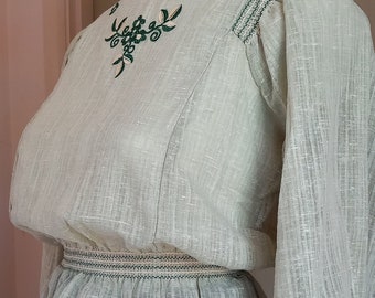 1970s Green Boho Peasant Smock Top