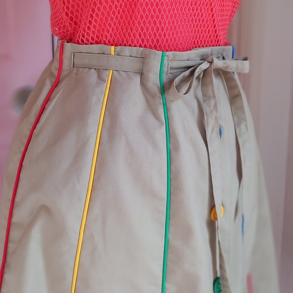 1980s Beige Safari Skirt with Brightly Coloured  Buttons and Pinstripe