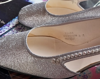 1960s Silver Glitter Diamanté Shoes with Block Heels
