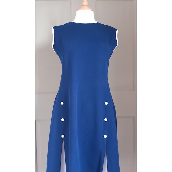 1960s Mod Navy Blue & White Sleeveless Shift Dress