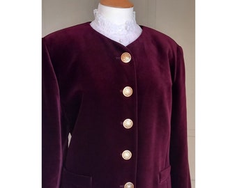 1980s Claret Burgundy Velvet Blazer Jacket with Gold Buttons