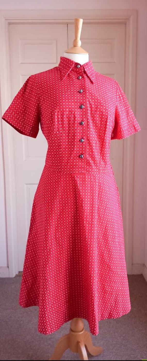 70s Romantic Red & White Dress (M)