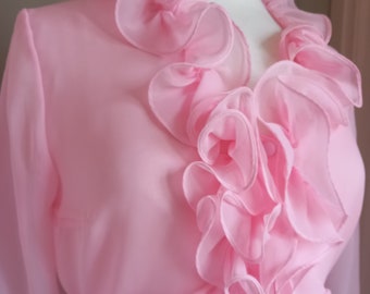 1960s Baby Pink Sheer Ruffle Blouse